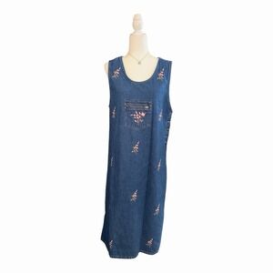 Vintage Floral Embroidered Denim Midi Dress 90s Cottagecore
